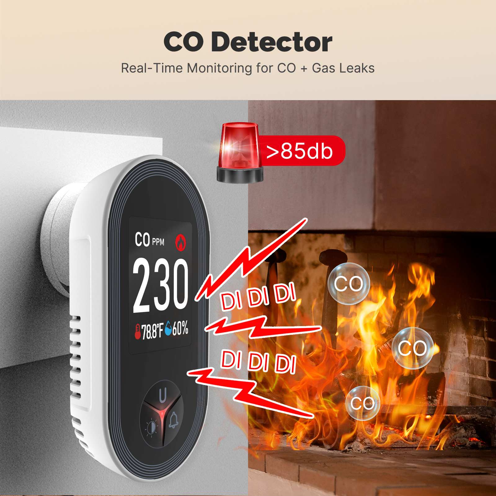 Carbon Monoxide Detector Plug-in 3-in-1 Display with Temperature Humidity Sensor Built-in CO Monitor Alarm Sound Warning(Non-Smart) - Image 3