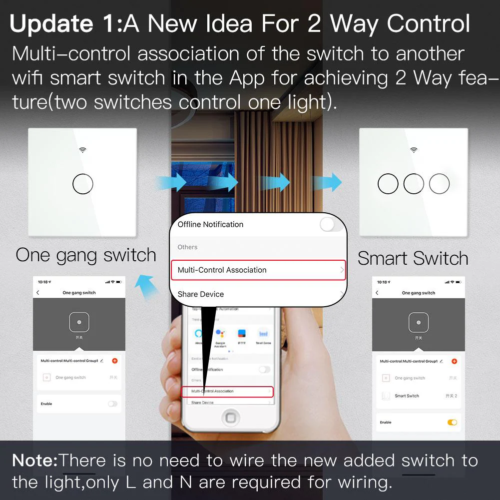 WiFi RF433 Smart Touch Light Switch 1/2/3/4 Gang 2 Way Multi-Control Neutral Wire Required EU - Image 3