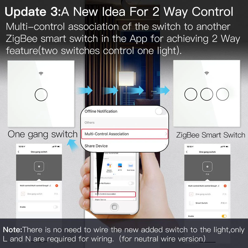 ZigBee 2 Way Light Switch, Touch Multi-Control Switch, Neutral Wire Optional, No Capacitor EU - Image 4