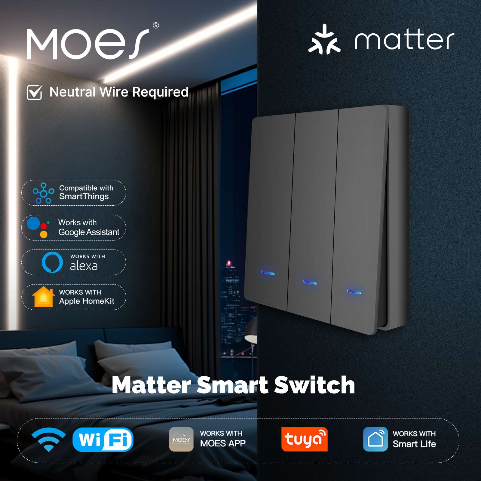Matter WiFi Smart Push Button Light Switch App Control Neutral Wire Required EU Version - Image 2