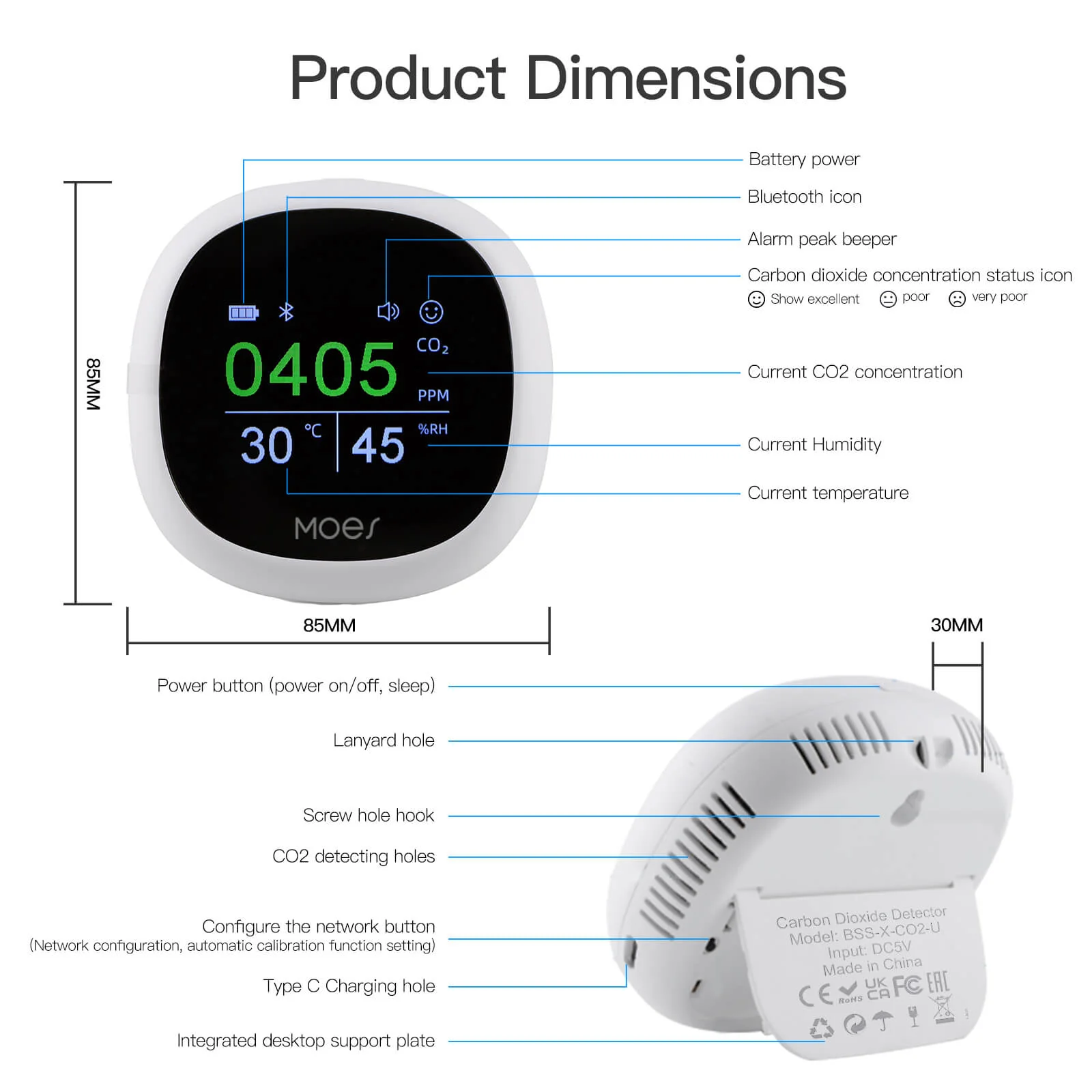 MOES BLE Smart Carbon Dioxide Tester Portable CO2 Temp Humi Air Quality Monitor - Image 8