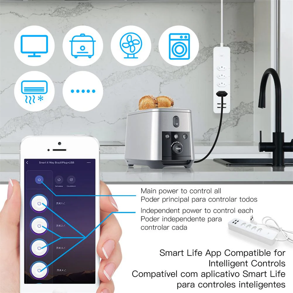WiFi Smart Power Strip Surge Protector 4 Plug Outlets Electric Socket with USB/Type C [Brazil Version] - Image 3