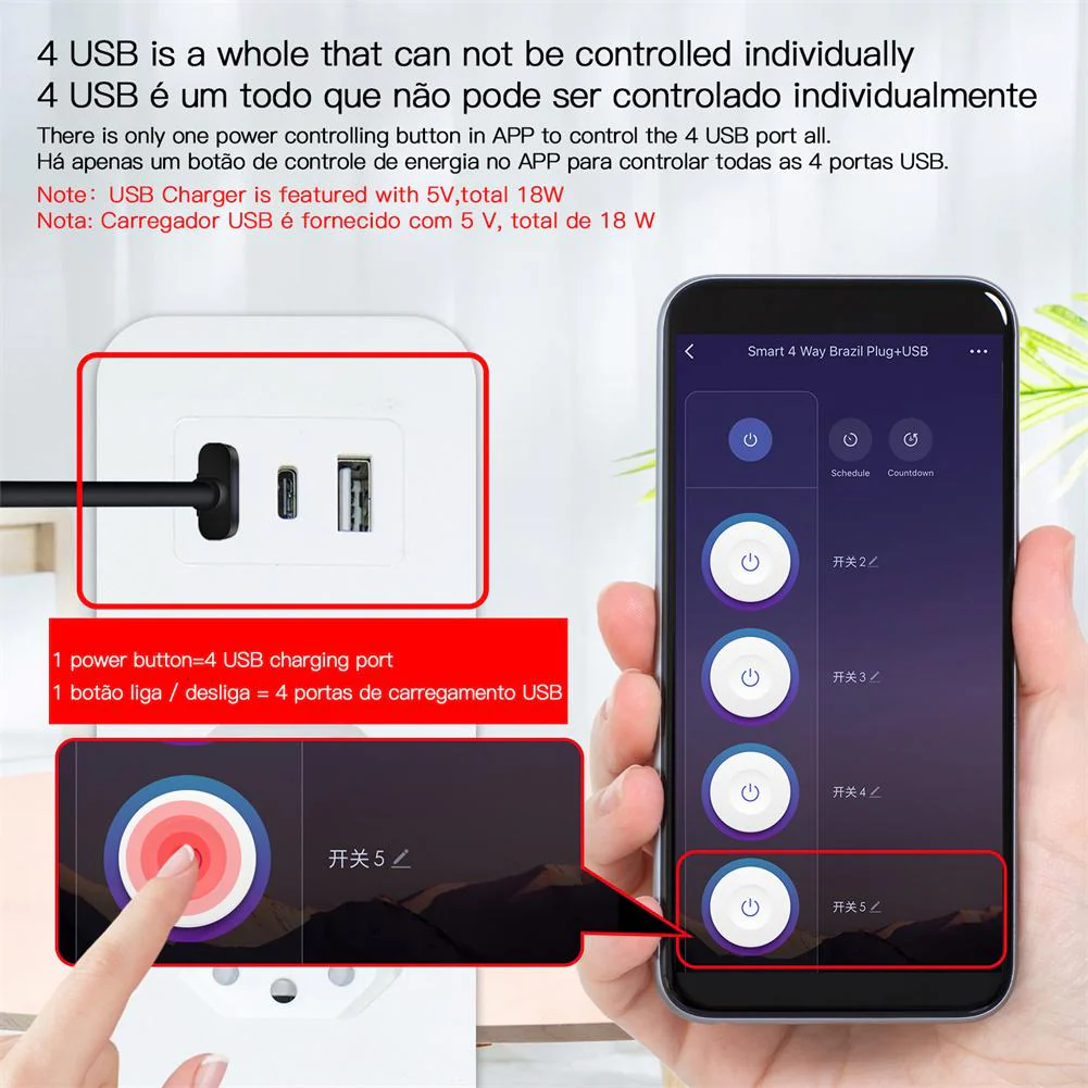 WiFi Smart Power Strip Surge Protector 4 Plug Outlets Electric Socket with USB/Type C [Brazil Version] - Image 6