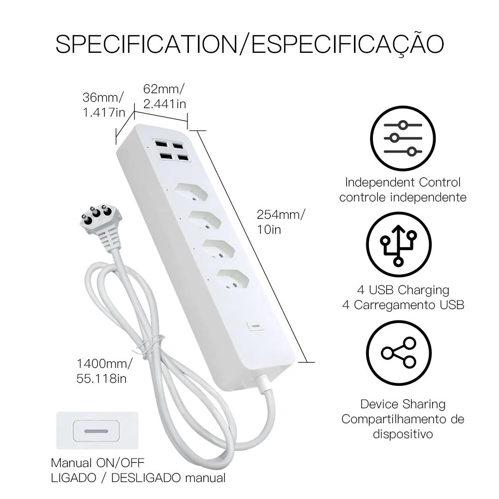 WiFi Smart Power Strip Surge Protector 4 Plug Outlets Electric Socket with USB/Type C [Brazil Version] - Image 8