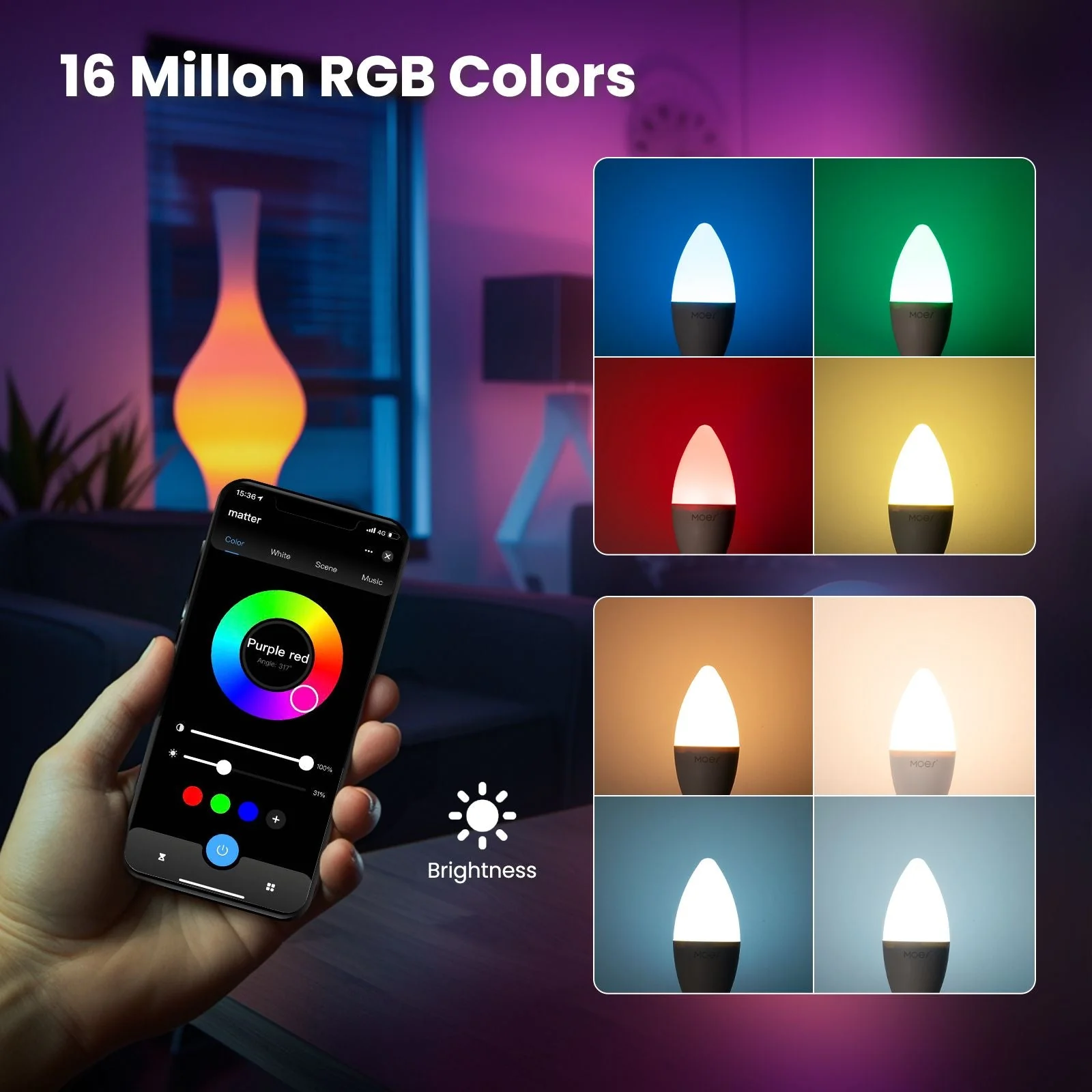 Tuya Matter WiFi Smart LED E14 Dimmable Light Bulbs 2700-6500K+RGB - Image 3