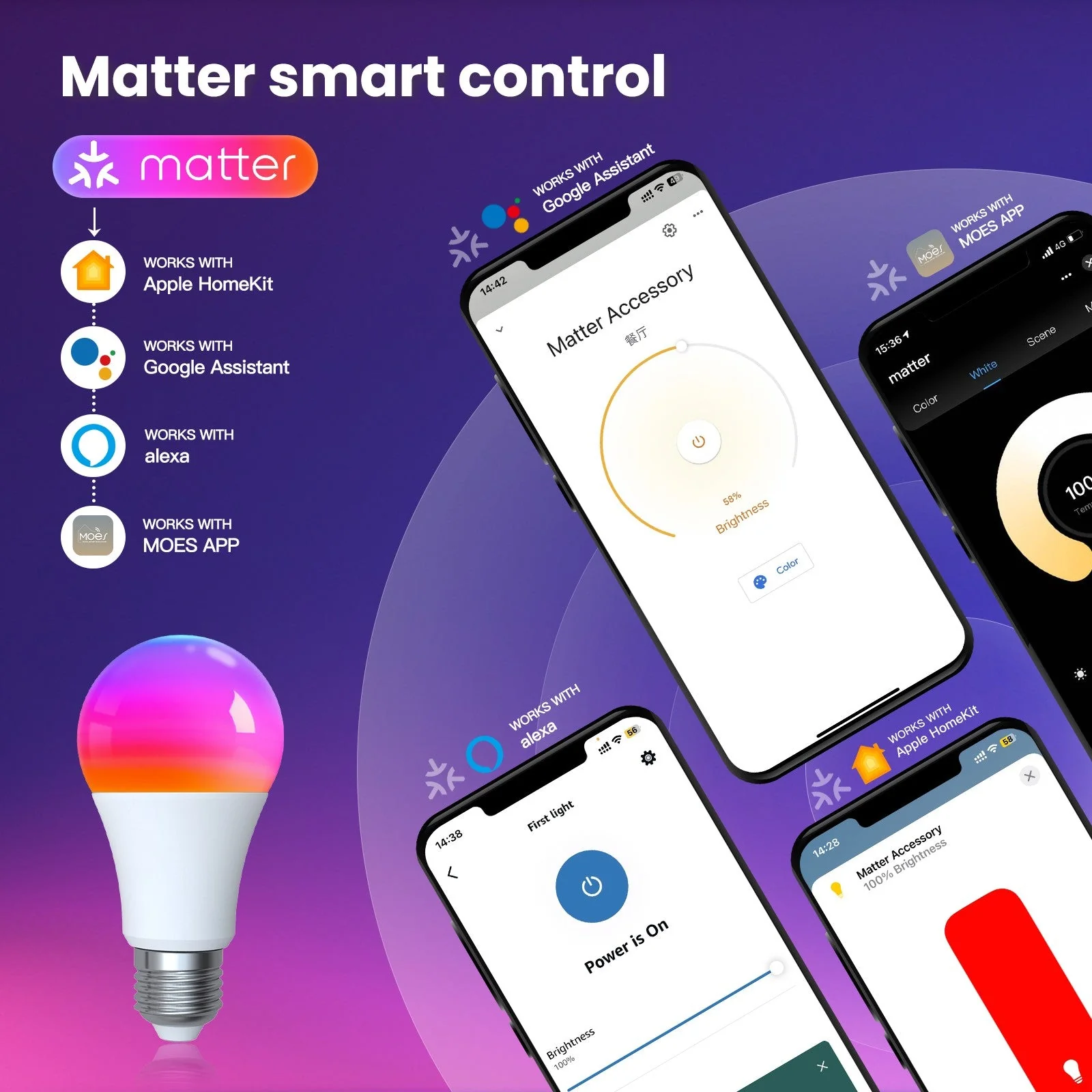 Tuya Matter WiFi Smart LED E27 Dimmable Light Bulbs RGB 2700K-6500K W+C - Image 3