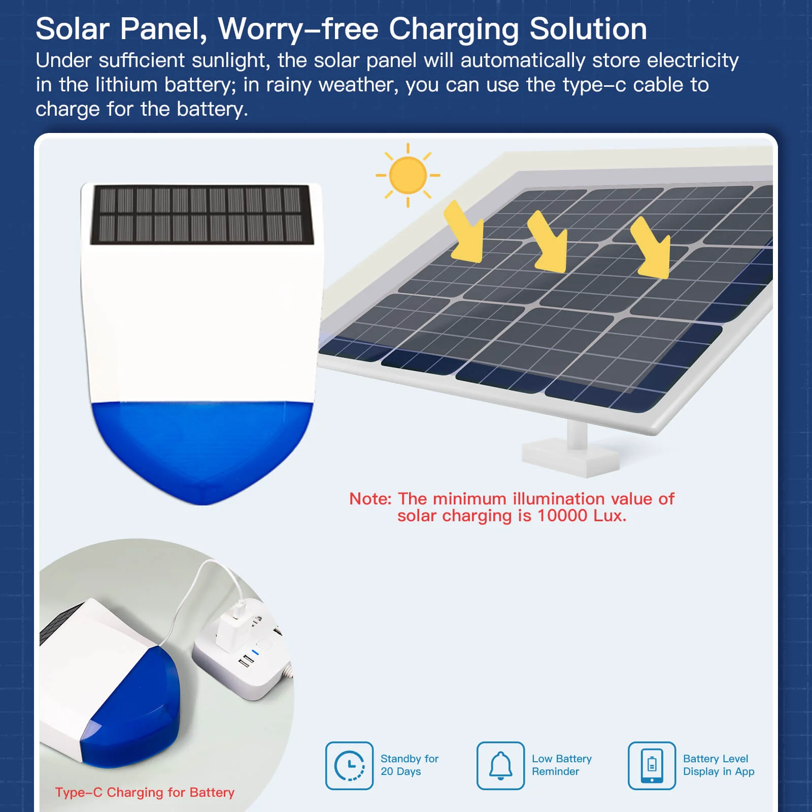 Tuya Smart Wifi/Zigbee Sound Light Siren Alarm Solar Energy Outdoor IPX5 Waterproof Tamper Alarm With Rechargeable Battery - Image 4