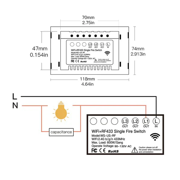 WiFi RF433 Smart Light Wall Touch Switch Single Pole No Neutral 95-130V US Standard - Image 7