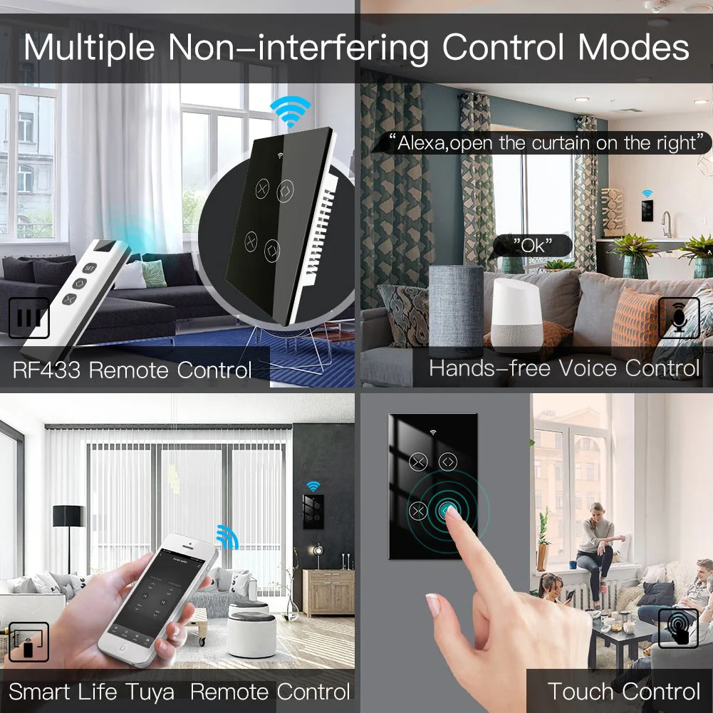 WiFi RF433 Smart Curtain 2 Gang Blind Touch Switch Single Pole Neutral Wire Required US - Image 3