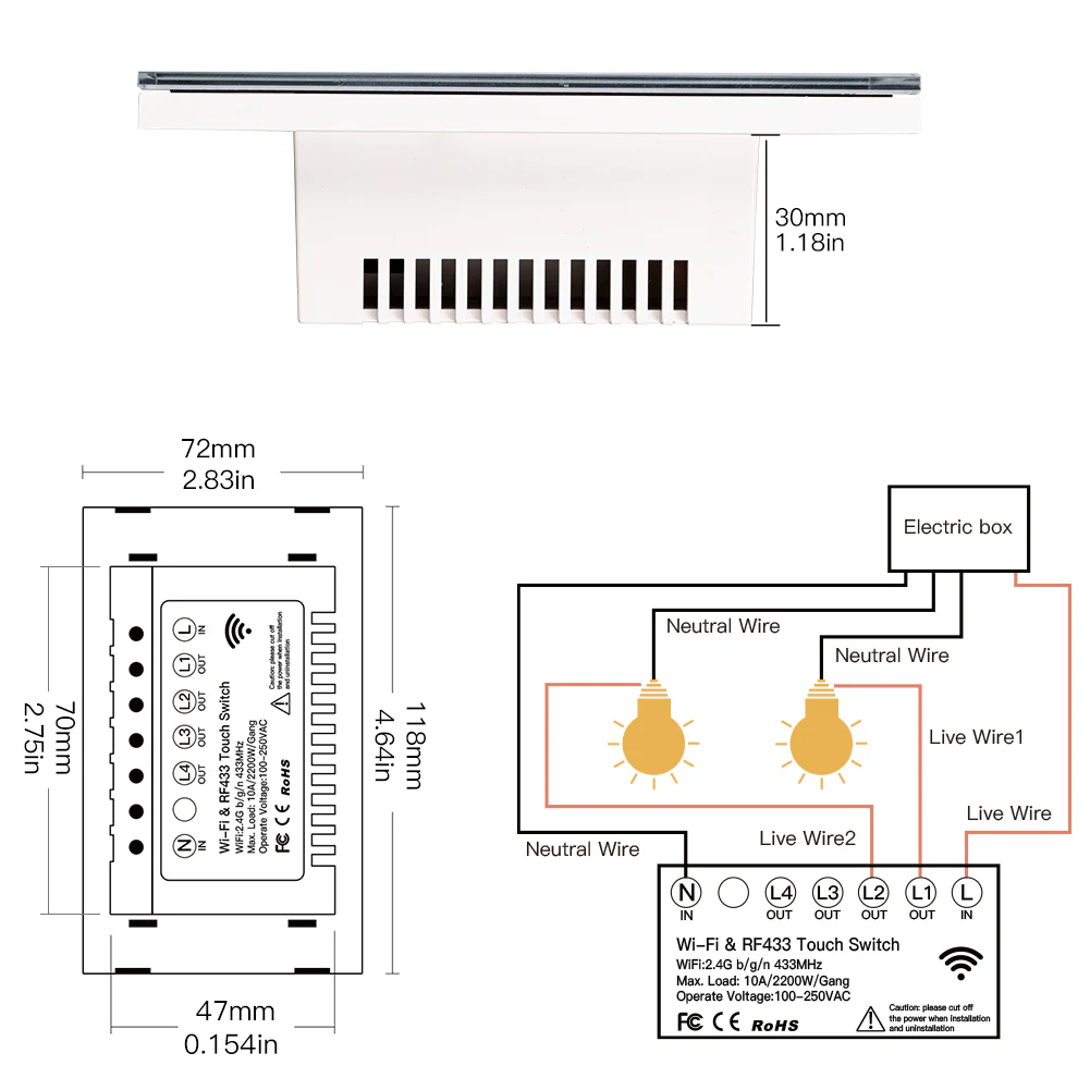 RF433 WIFI Smart Wall Touch Light Switch Glass Panel, 3 Way Multi-Control Neutral Wire Required US Standard - Image 8