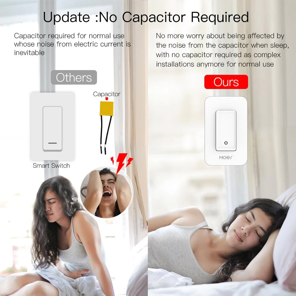 WiFi Smart Switch No Neutral, Push Button Switch, Single Pole 100-120V, Wire Required No Capacitor US - Image 3