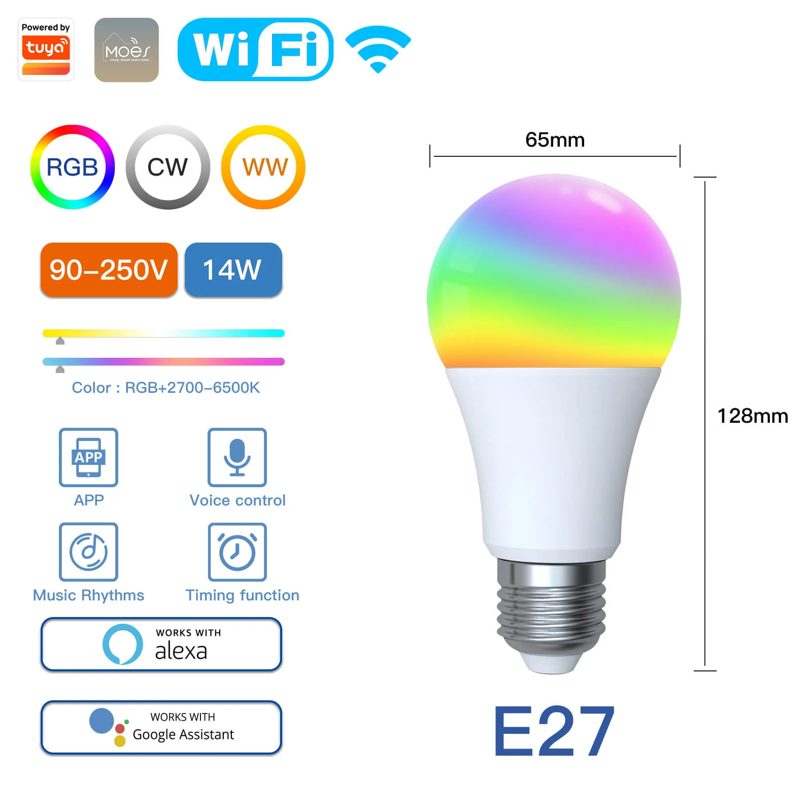 MOES WiFi Smart LED Light Bulb Dimmable Lamp 14W/9W RGB E27 Color Changeable 2700K-6500K - Image 8