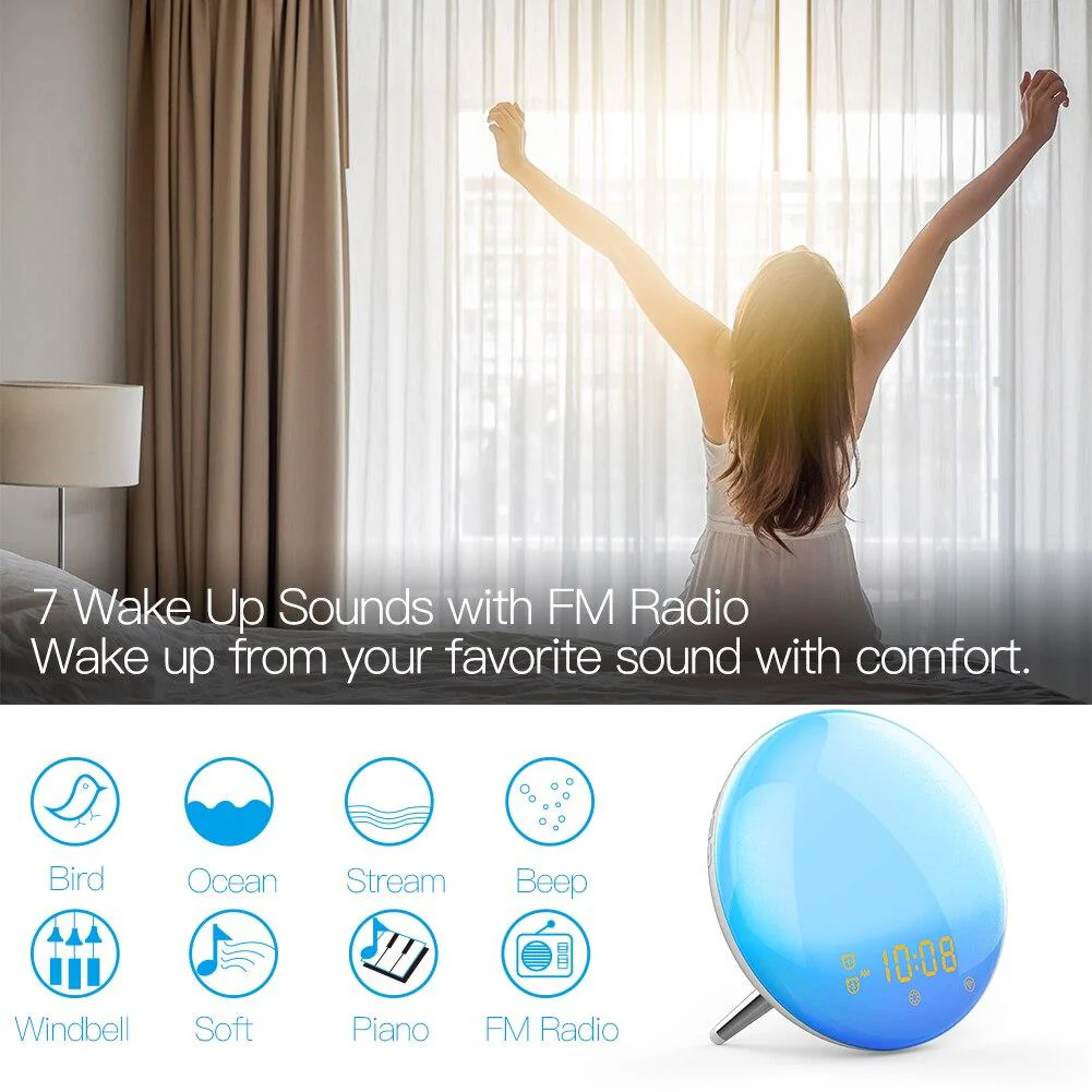 MOES WiFi Smart Clock Wake Up 7 Colors Light Natural Sound Clock With FM Radio - Image 3